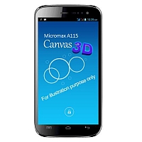 
Micromax A115 Canvas 3D supports frequency bands GSM and HSPA. Official announcement date is  April 2013. The device is working on an Android OS, v4.1.2 (Jelly Bean) with a Dual-core 1.2 GH
