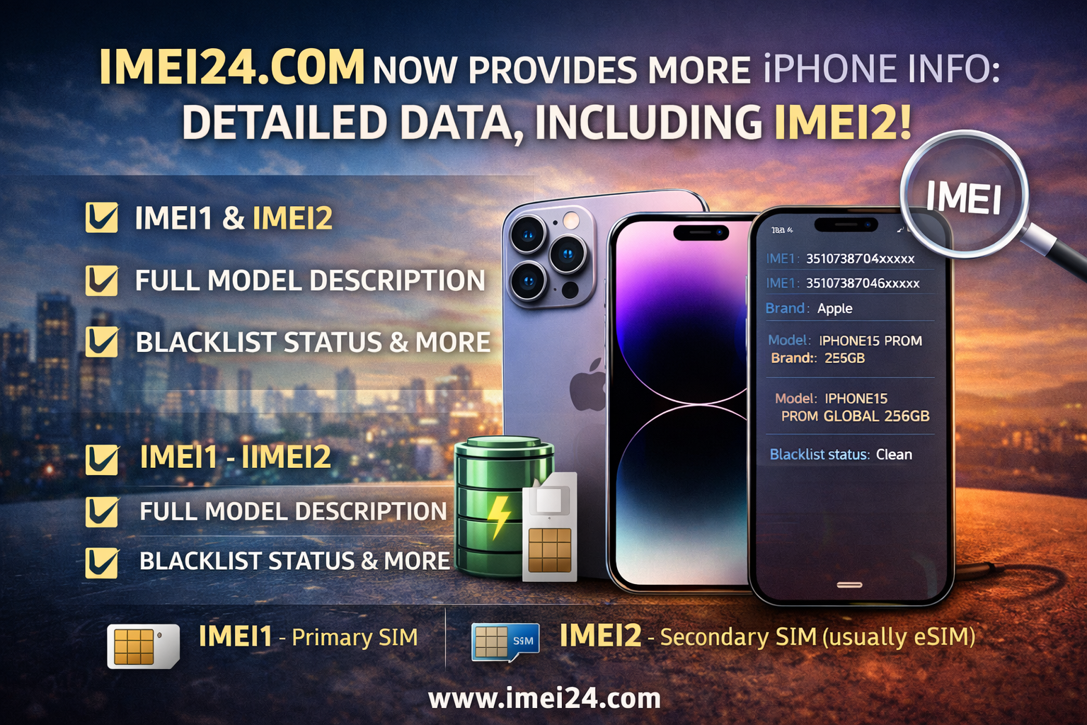 New features on imei24.com - more detailed iPhone information including IMEI2 and model description